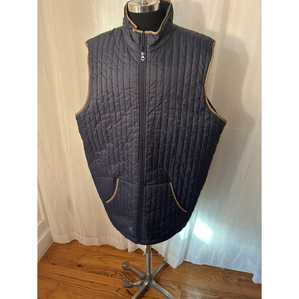Mutual Weave Quilted Puffer Vest Navy Tan Trim Zip. Pockets Size 3XLT Gorpcore